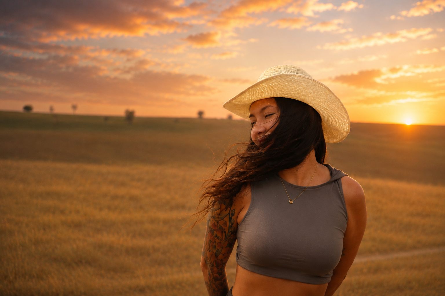 A traveler in a straw hat watching the sunset over open grassland