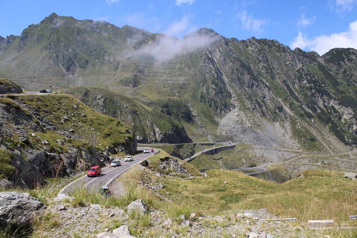 The Transfăgărășan road switchbacking through the Făgăraș Mountains, Romania